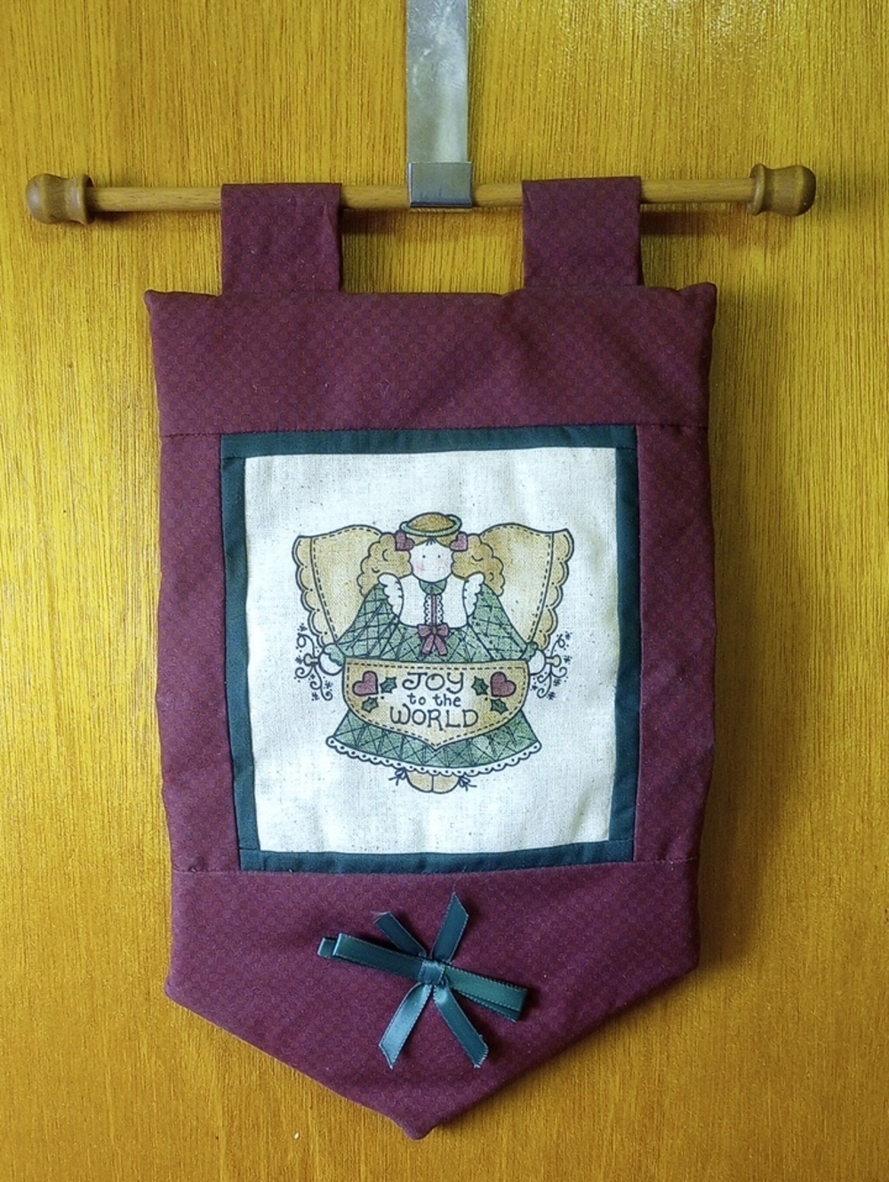 Joy to the World Quilted Country Christmas Angel Decor. Maroon Green Tan Cream
